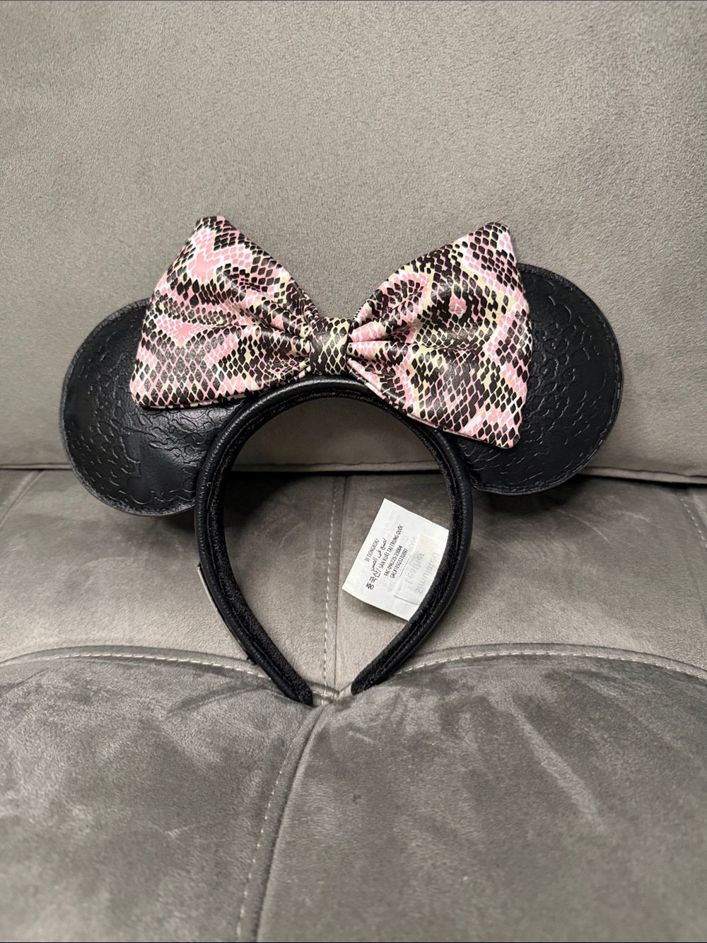 Loungefly Black Faux-Leather Mouse Ear Headband with Pink Snake-Print Bow